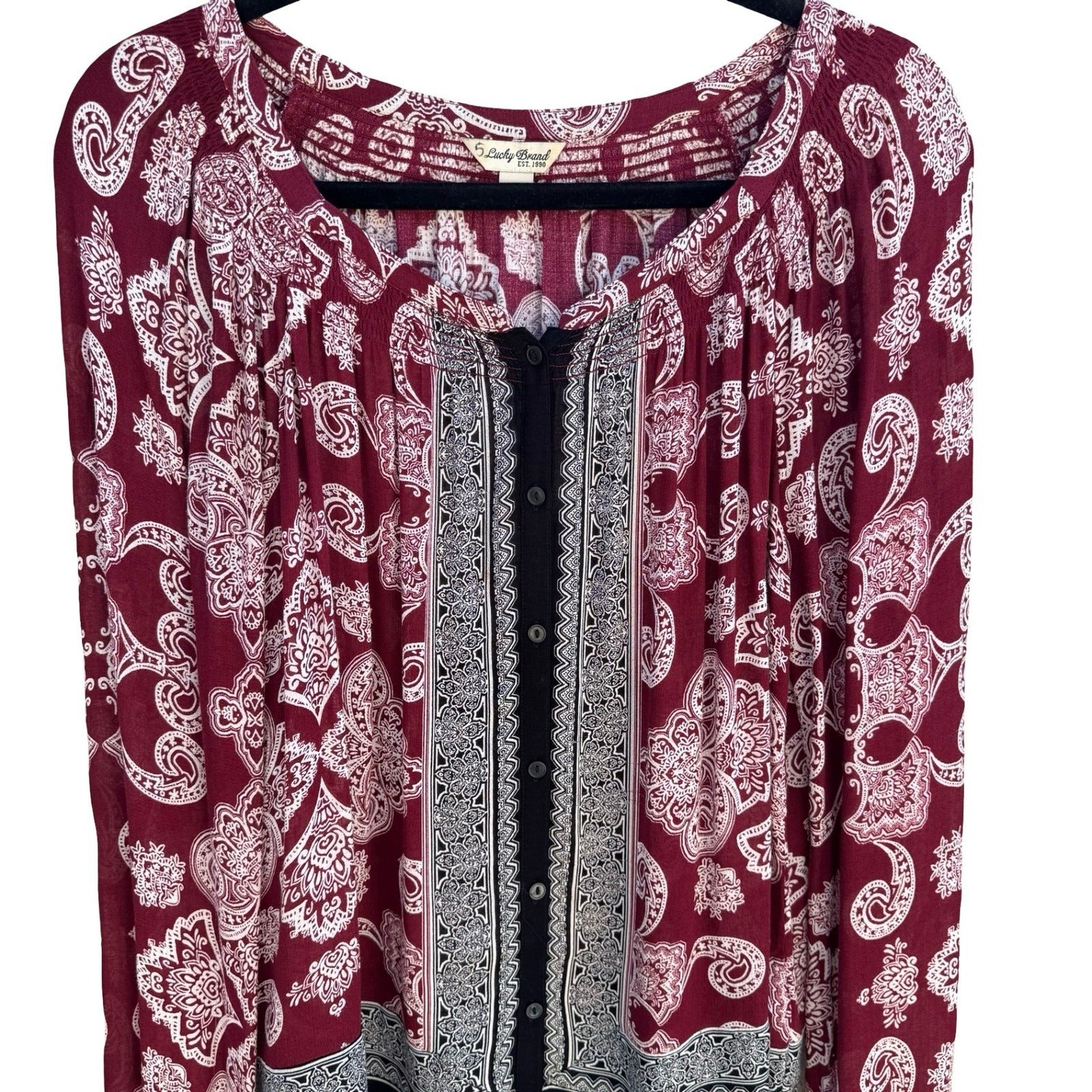 Lucky Brand Boho Peasant Burgundy Paisley Smocked Festival Gypsy Blouse Womens S