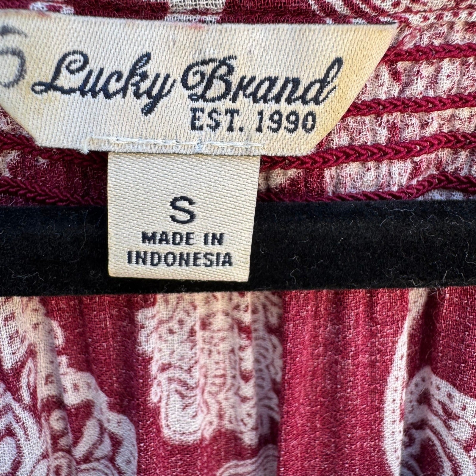 Lucky Brand Boho Peasant Burgundy Paisley Smocked Festival Gypsy Blouse Womens S