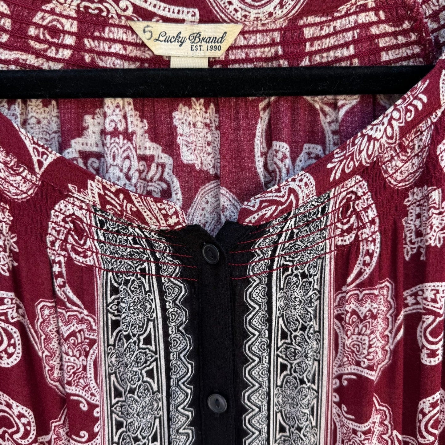 Lucky Brand Boho Peasant Burgundy Paisley Smocked Festival Gypsy Blouse Womens S