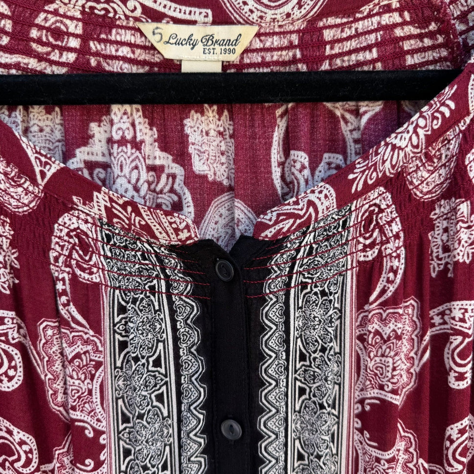 Lucky Brand Boho Peasant Burgundy Paisley Smocked Festival Gypsy Blouse Womens S