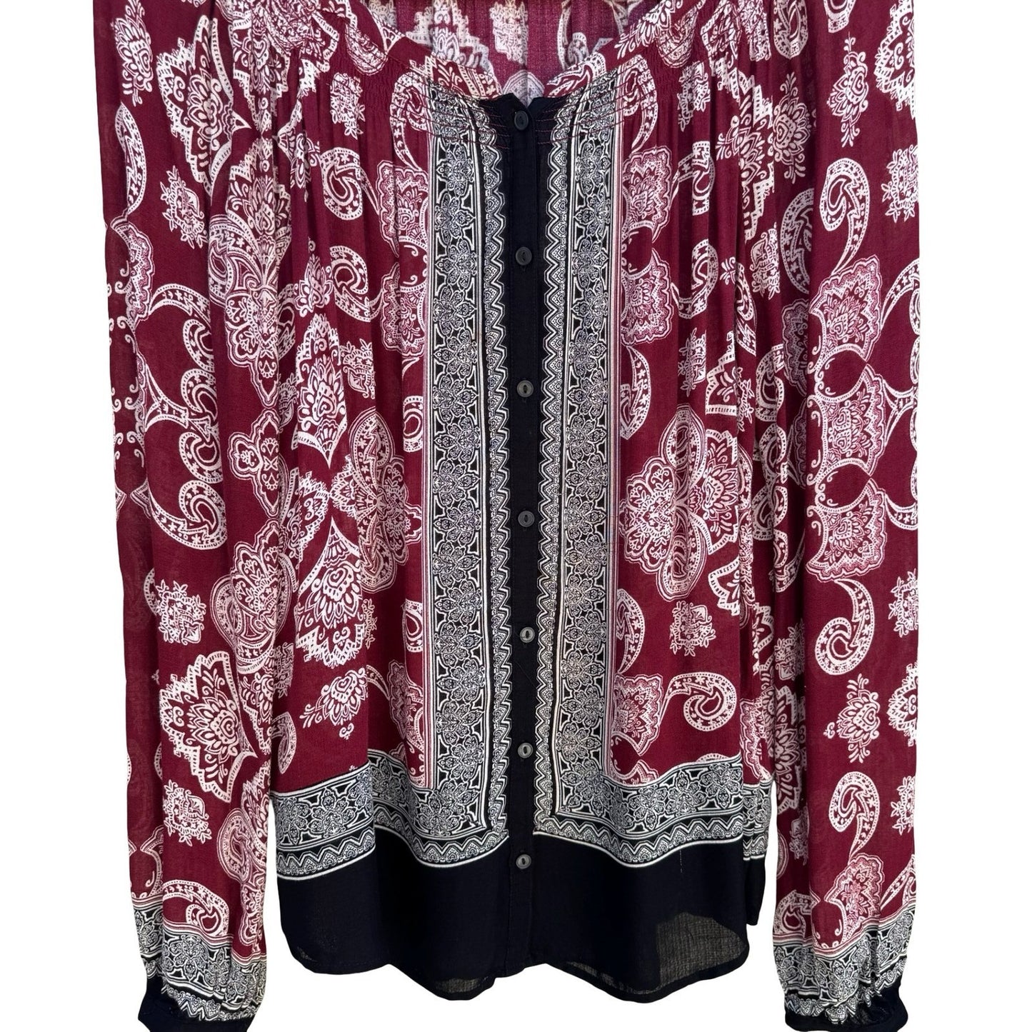 Lucky Brand Boho Peasant Burgundy Paisley Smocked Festival Gypsy Blouse Womens S