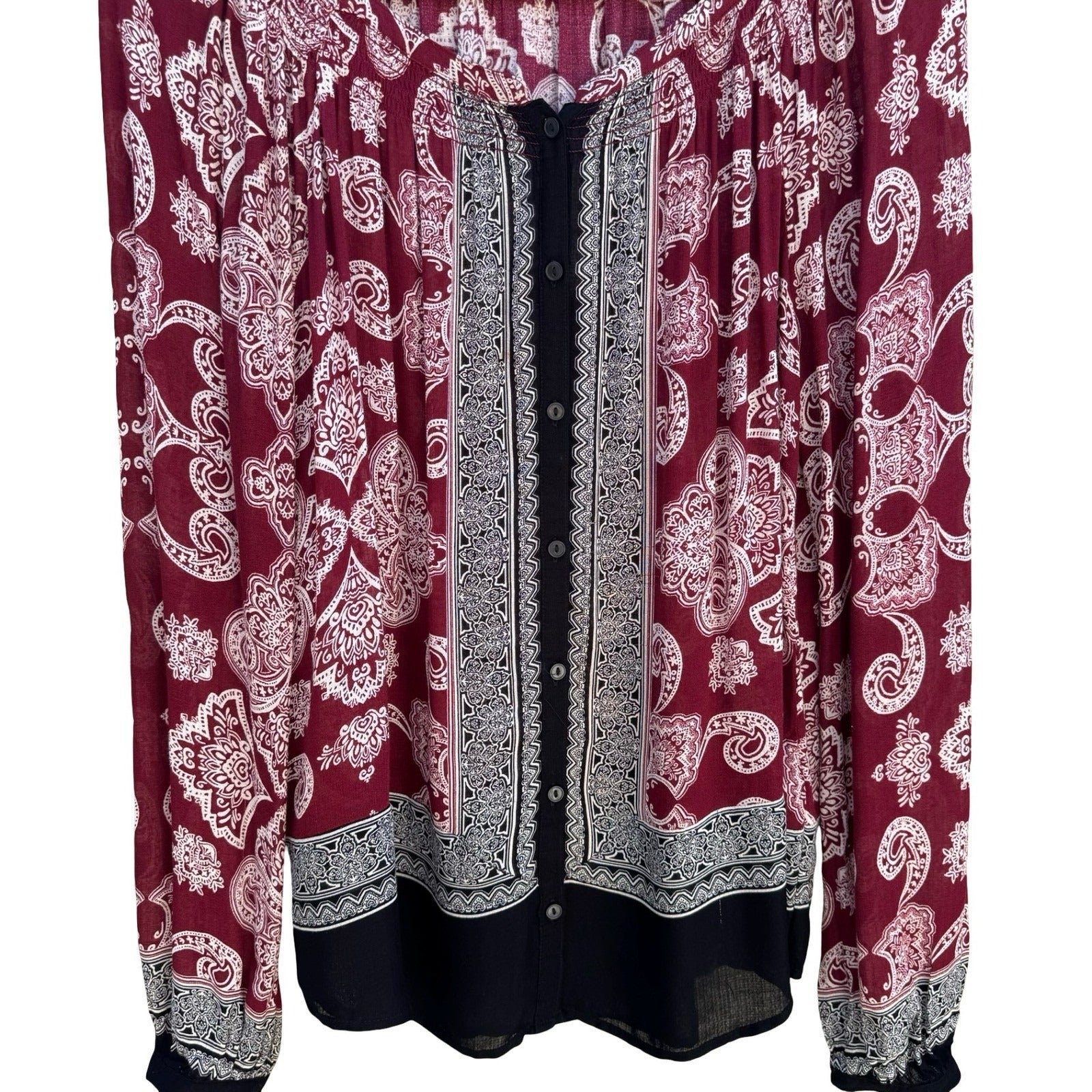 Lucky Brand Boho Peasant Burgundy Paisley Smocked Festival Gypsy Blouse Womens S