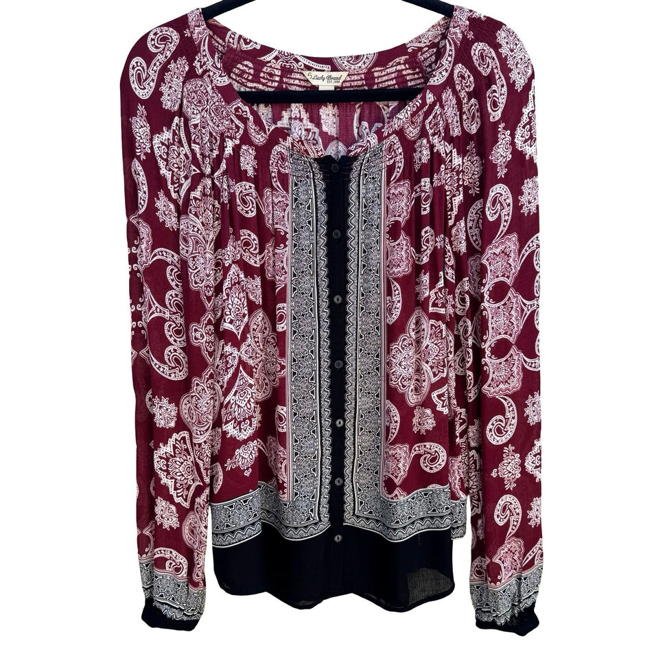 Lucky Brand Boho Peasant Burgundy Paisley Smocked Festival Gypsy Blouse Womens S