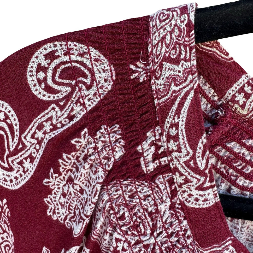 Lucky Brand Boho Peasant Burgundy Paisley Smocked Festival Gypsy Blouse Womens S