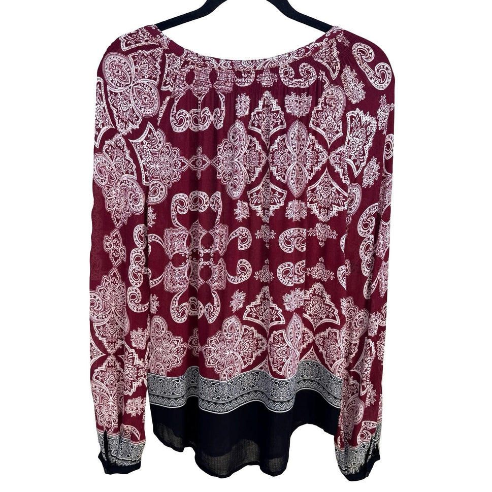 Lucky Brand Boho Peasant Burgundy Paisley Smocked Festival Gypsy Blouse Womens S