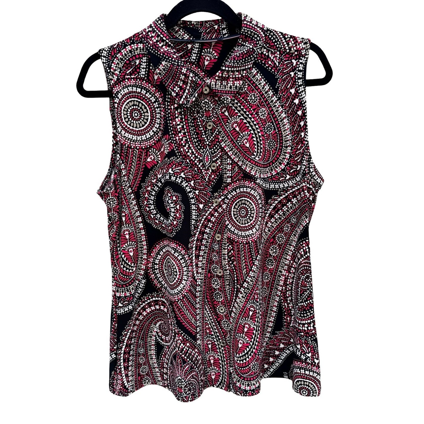 Tommy Hilfiger Womens Pink Black Paisley Sleeveless Button Up Blouse Psychedelic