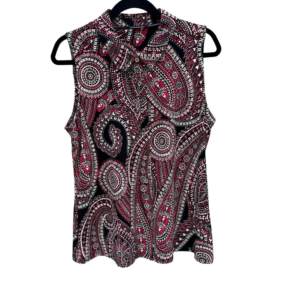 Tommy Hilfiger Womens Pink Black Paisley Sleeveless Button Up Blouse Psychedelic