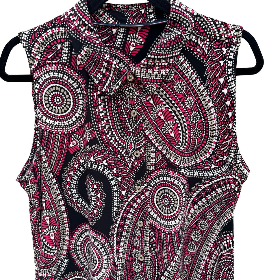 Tommy Hilfiger Womens Pink Black Paisley Sleeveless Button Up Blouse Psychedelic