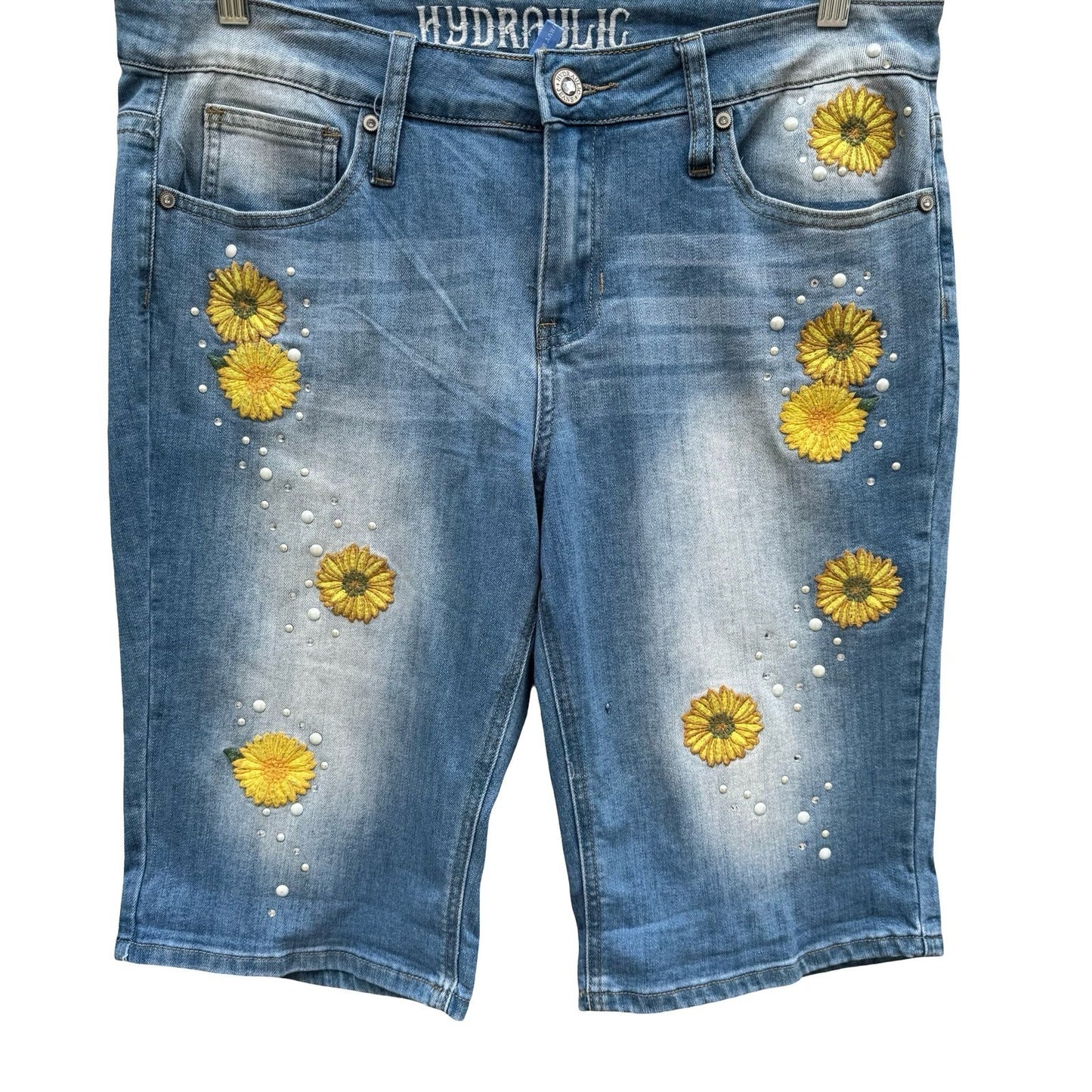 Hydraulic Nolita Curvy Bermuda Shorts Size 12 Sunflower Embroidered Pearl Denim