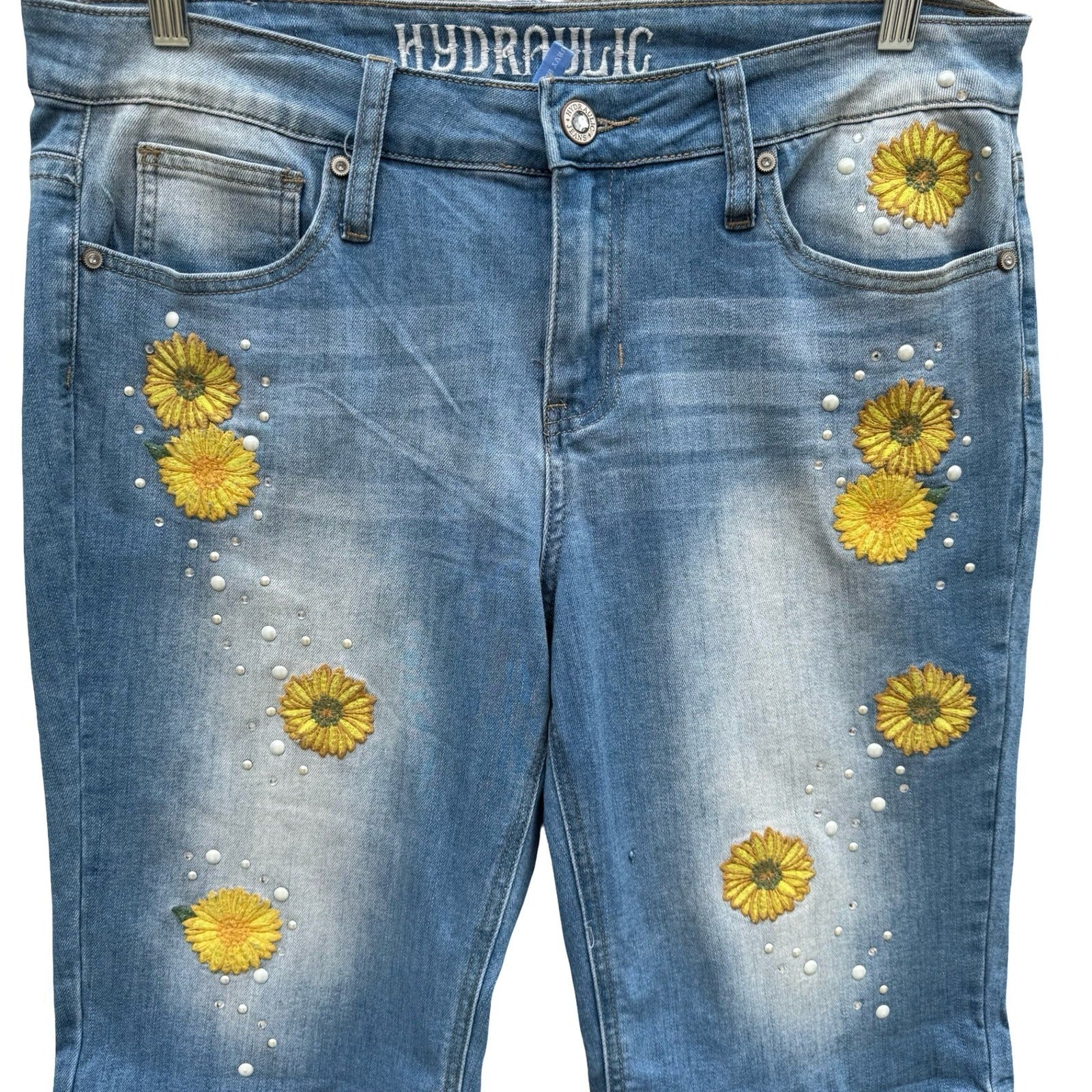 Hydraulic Nolita Curvy Bermuda Shorts Size 12 Sunflower Embroidered Pearl Denim