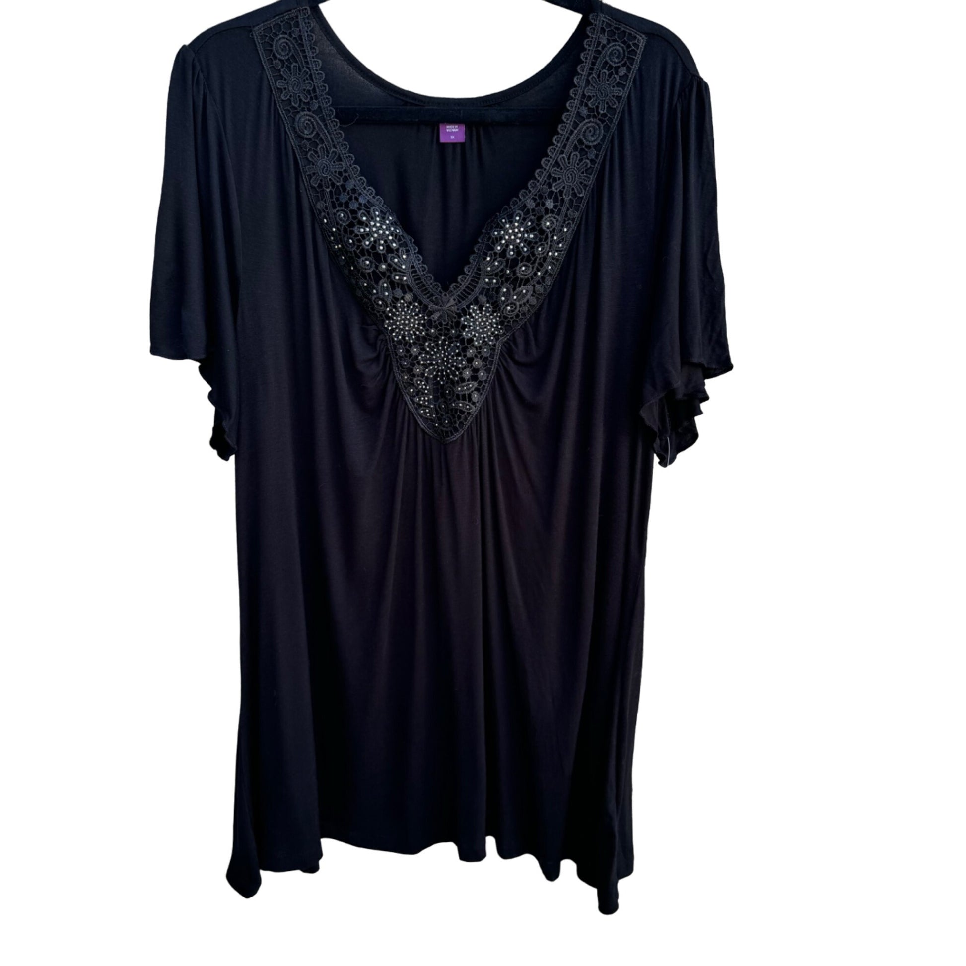 Beverly Drive Womens Beaded Embroidered Lace Flowy Black V Neck Tunic Top 3X