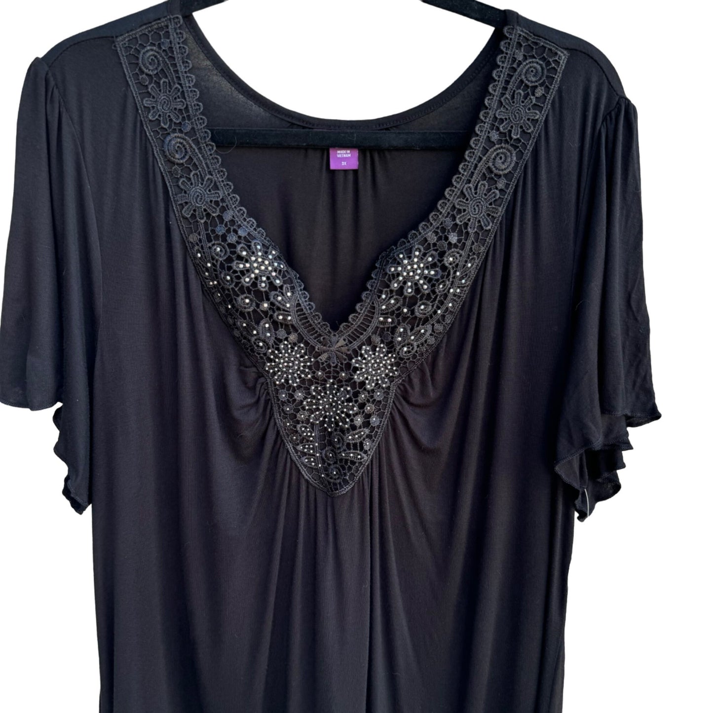 Beverly Drive Womens Beaded Embroidered Lace Flowy Black V Neck Tunic Top 3X