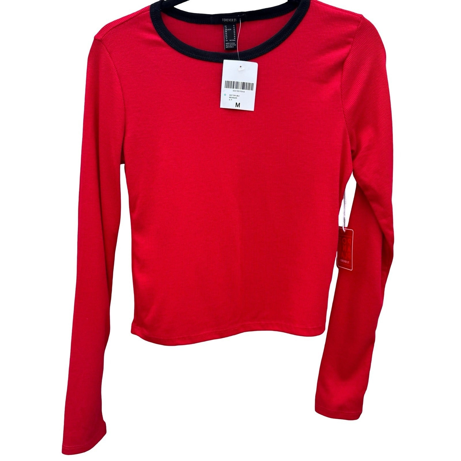 Forever 21 Pop and Play Red Ribbed Long Sleeve Ringer Tee Shirt Womens Med New