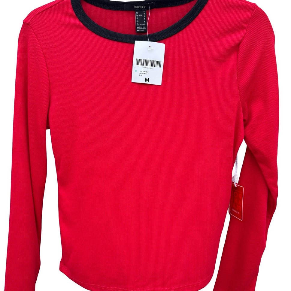 Forever 21 Pop and Play Red Ribbed Long Sleeve Ringer Tee Shirt Womens Med New