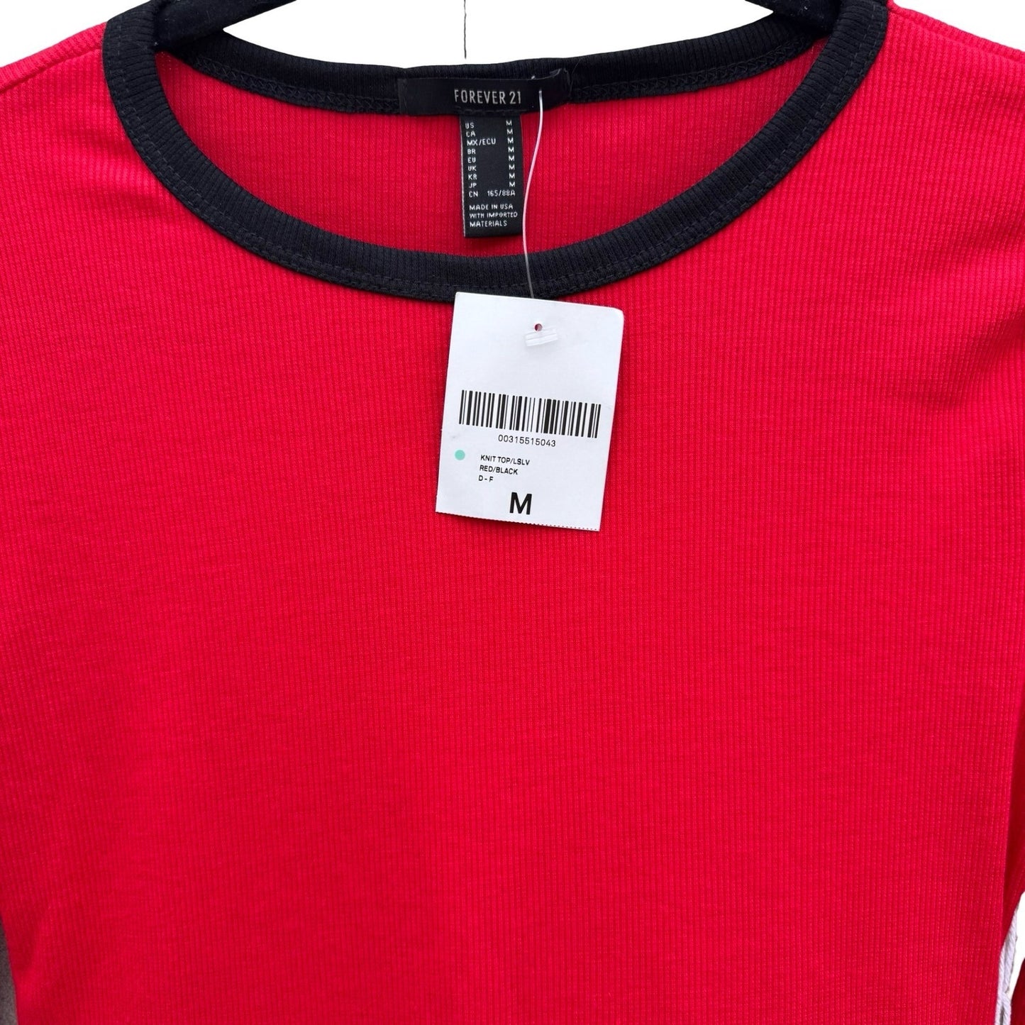 Forever 21 Pop and Play Red Ribbed Long Sleeve Ringer Tee Shirt Womens Med New