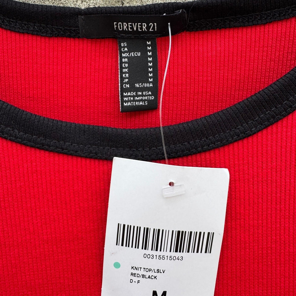 Forever 21 Pop and Play Red Ribbed Long Sleeve Ringer Tee Shirt Womens Med New