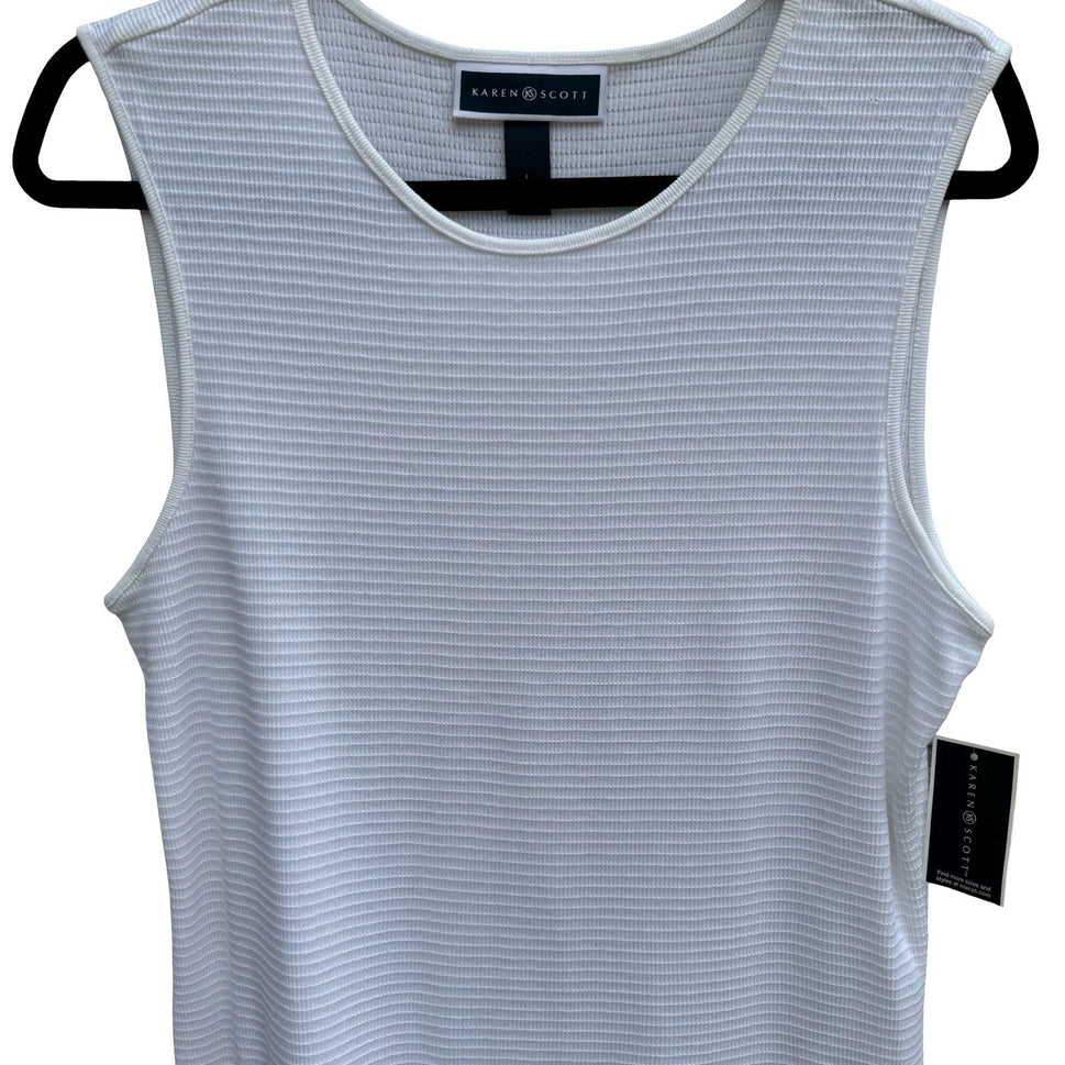 Karen Scott Womens White Textured Ribbed Sleeveless Shell Top L NEW Minimalist
