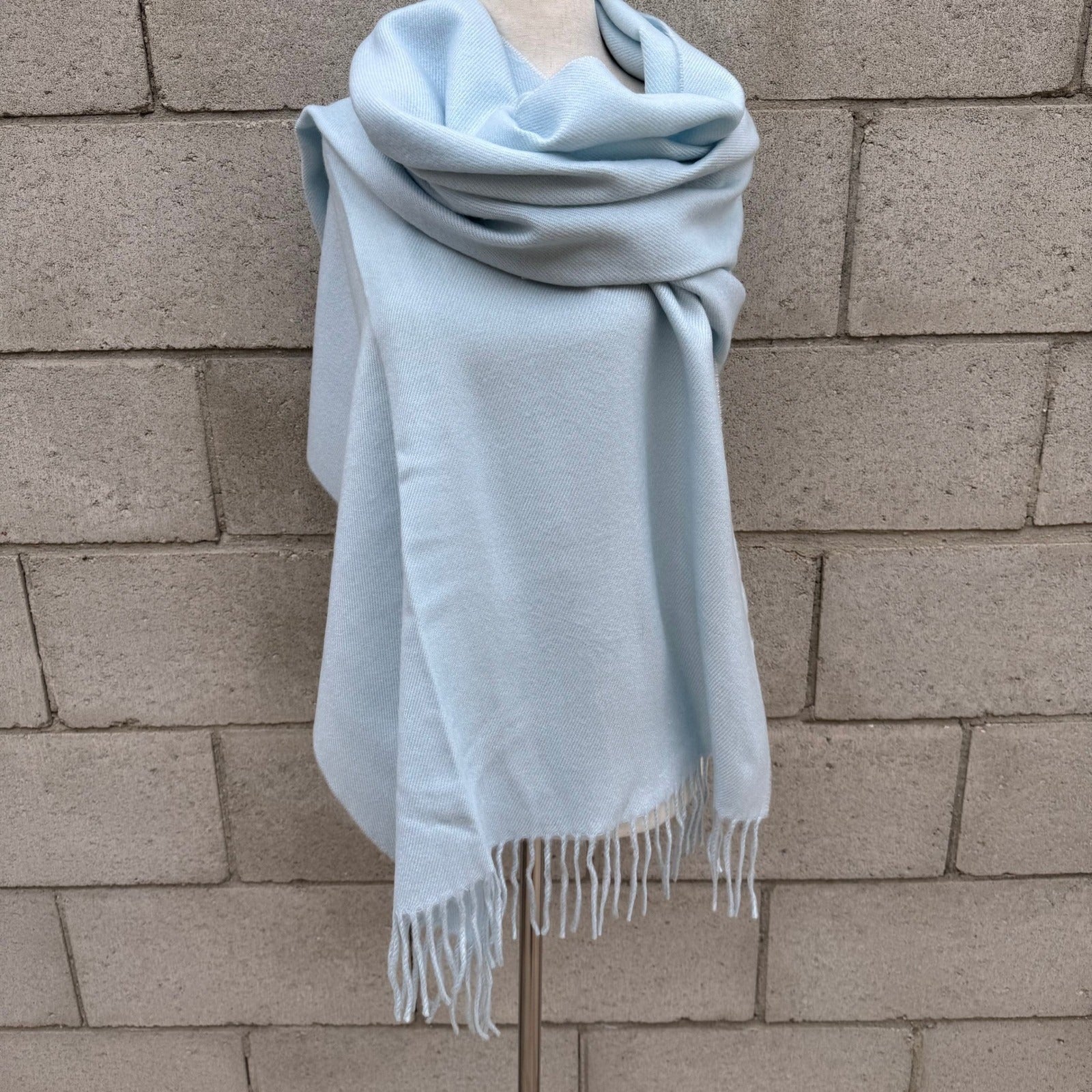 Light Blue Pashmina Shawl Wrap Fringe Trim Solid Pastel Scarf Wedding Evening