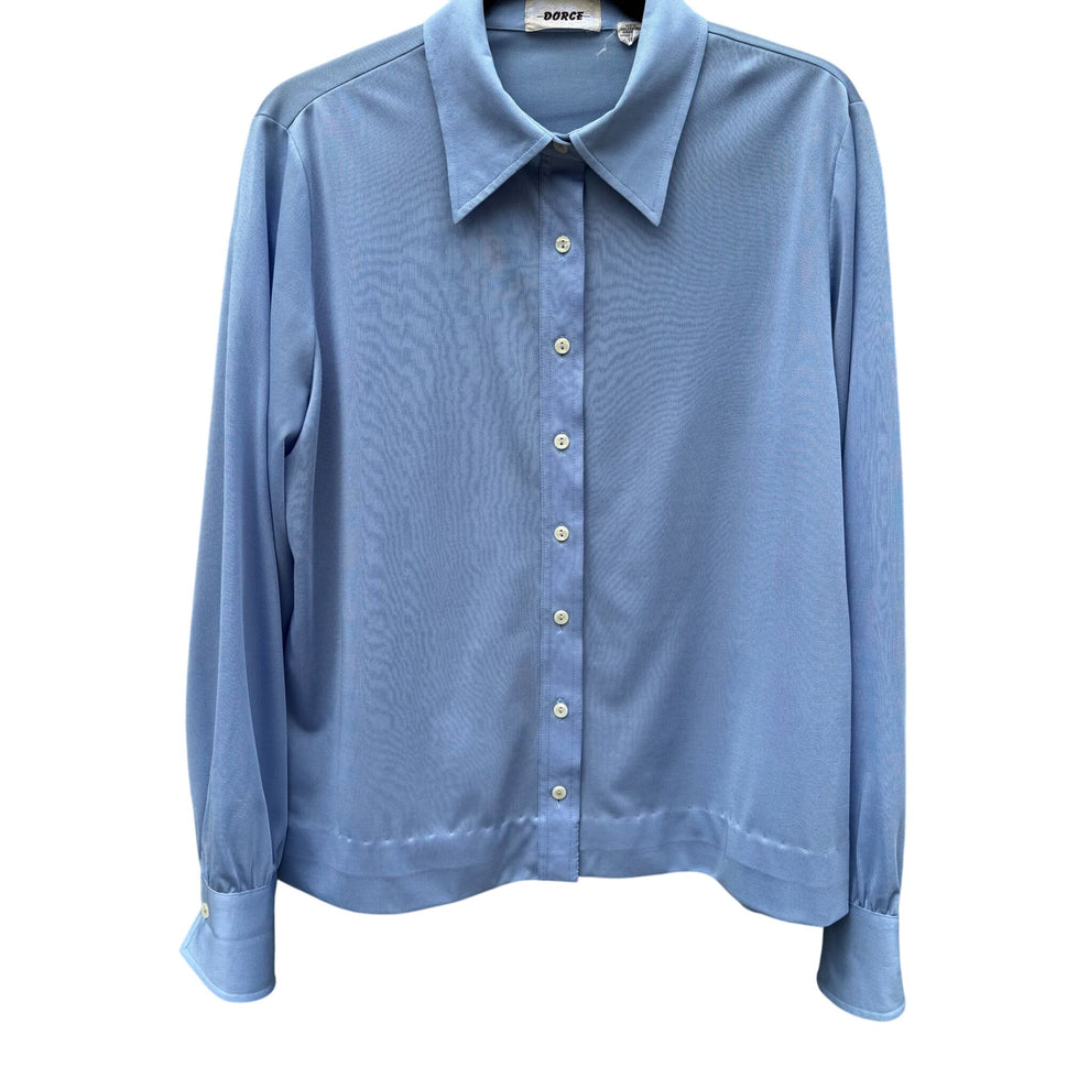 Dorce Vintage 70s Womens Light Blue Button-Up Long Sleeve Shirt Blouse Top 16