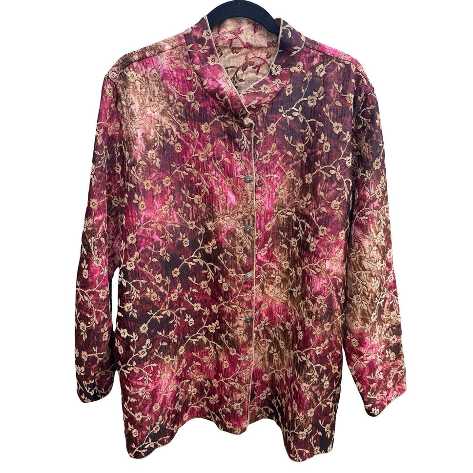Vintage Art to Wear Boho Brocade Reversible Floral Tapestry Band Collar Jacket 2XL