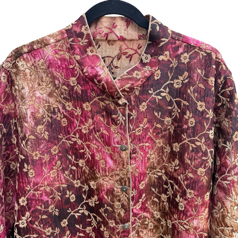 Vintage Art to Wear Boho Brocade Reversible Floral Tapestry Band Collar Jacket 2XL
