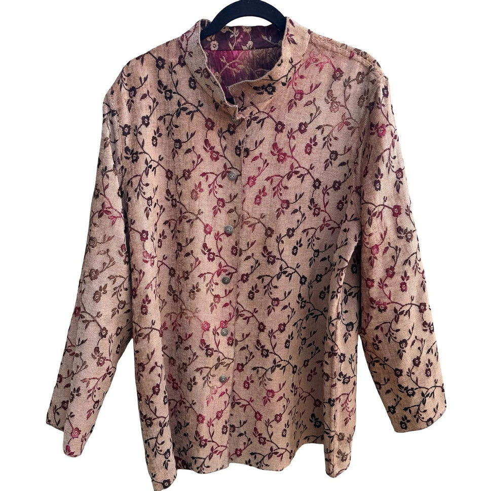 Vintage Art to Wear Boho Brocade Reversible Floral Tapestry Band Collar Jacket 2XL