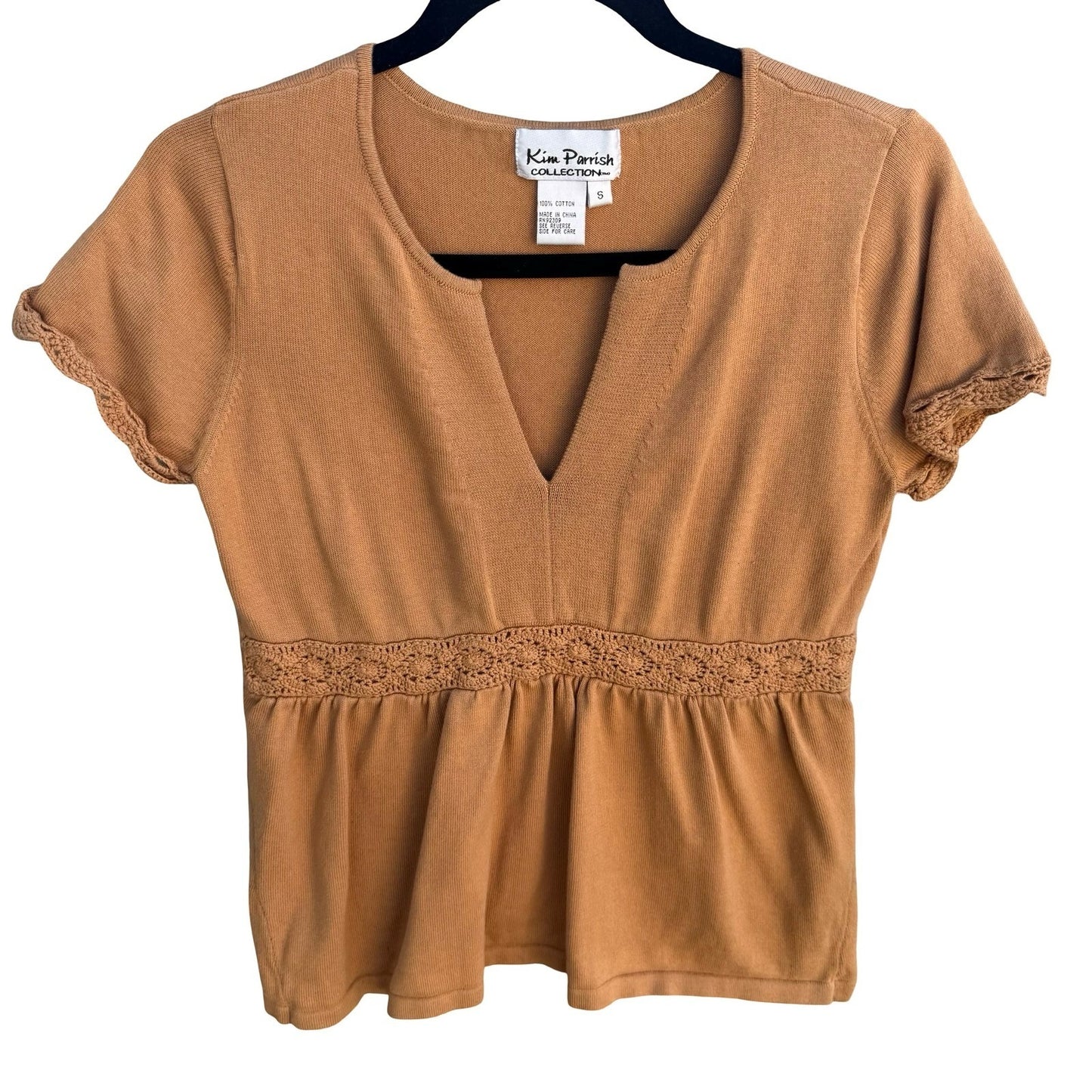Kim Parrish Tan Cotton Knit Empire Waist Crochet Trim Top Boho Cottagecore Small