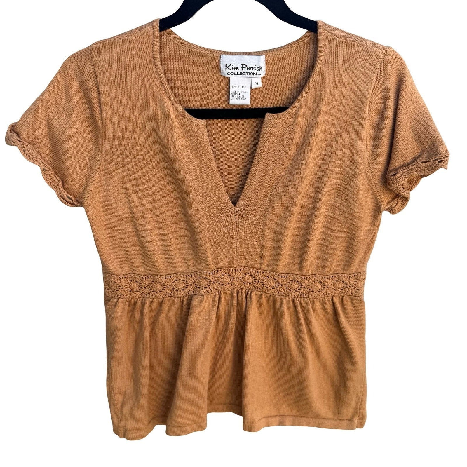 Kim Parrish Tan Cotton Knit Empire Waist Crochet Trim Top Boho Cottagecore Small