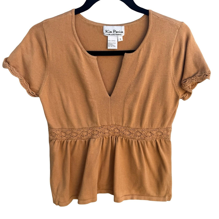 Kim Parrish Tan Cotton Knit Empire Waist Crochet Trim Top Boho Cottagecore Small