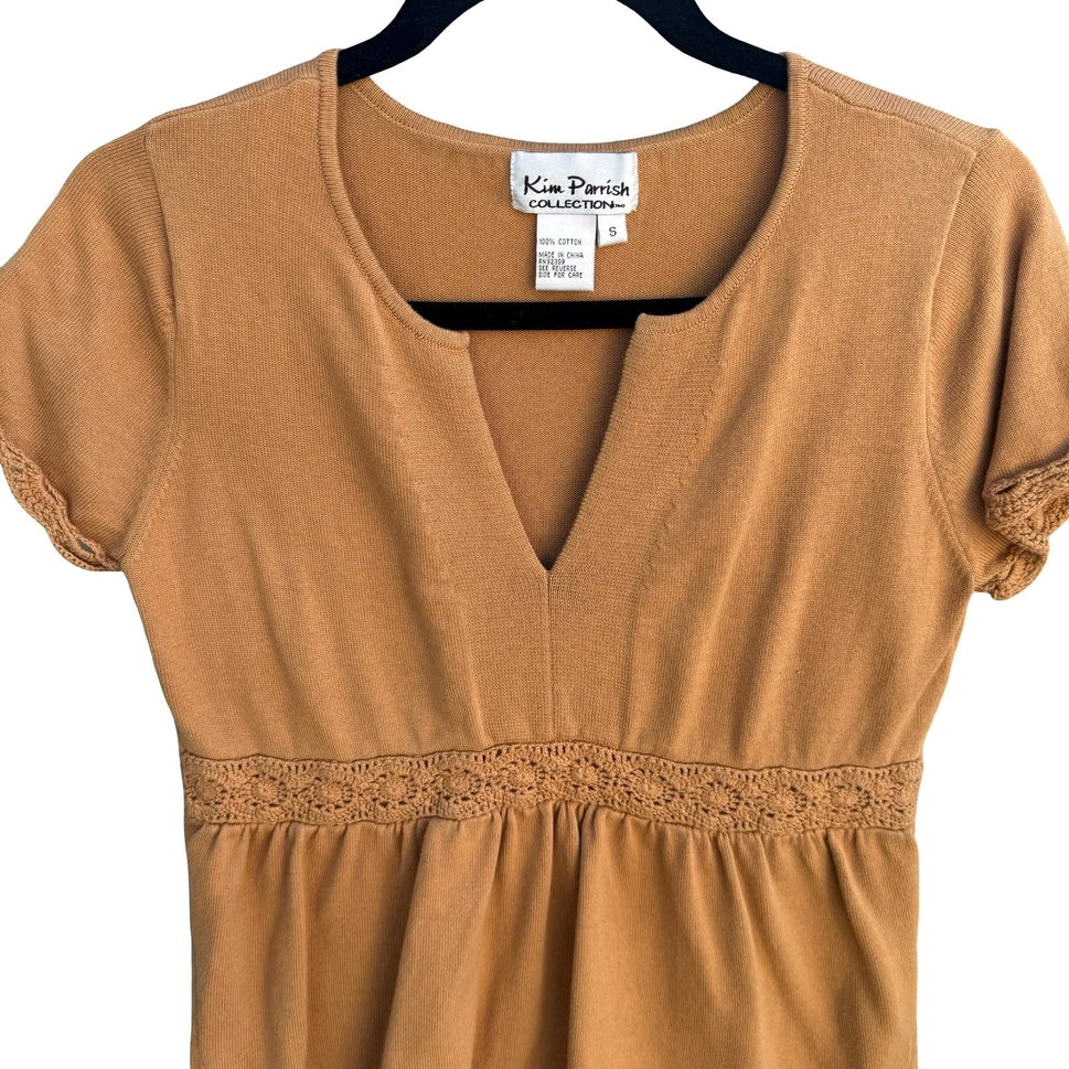 Kim Parrish Tan Cotton Knit Empire Waist Crochet Trim Top Boho Cottagecore Small