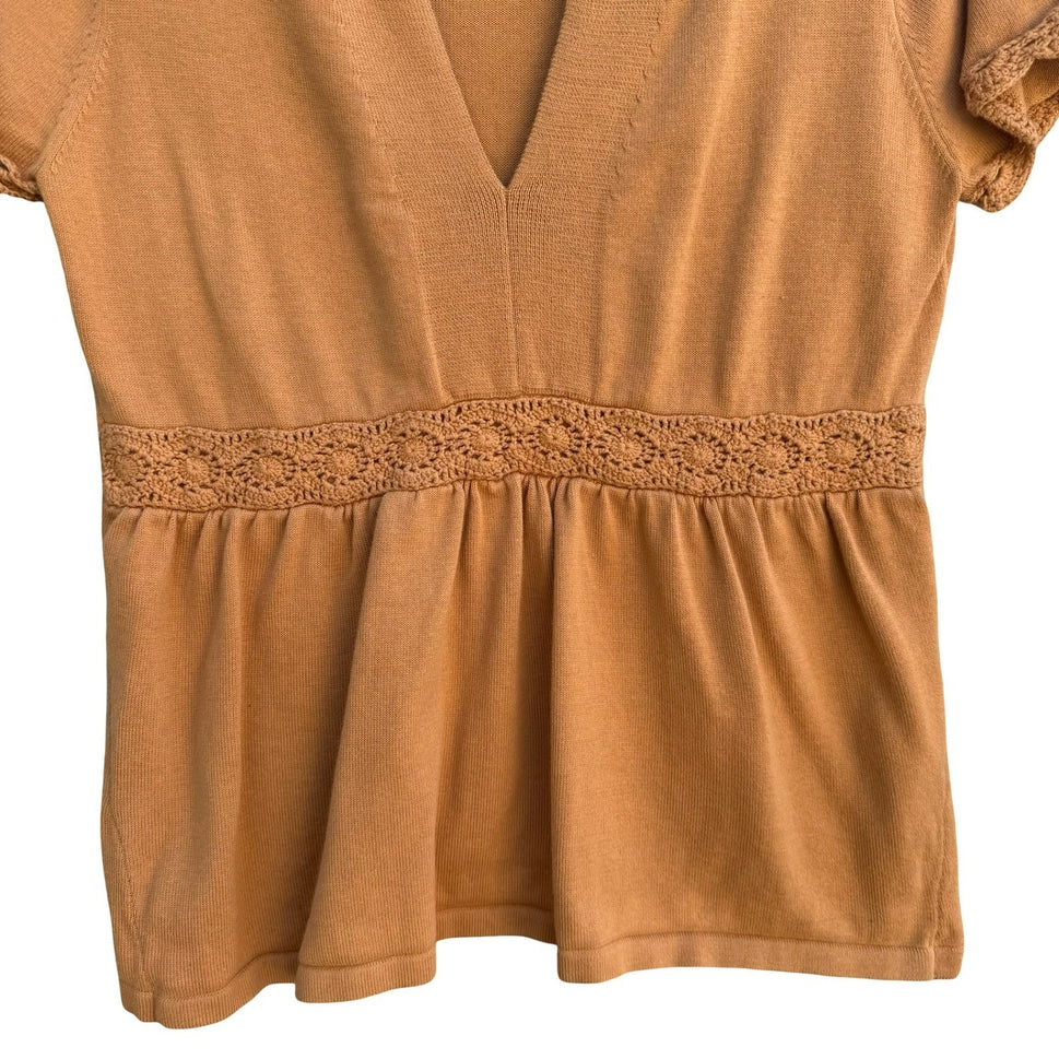 Kim Parrish Tan Cotton Knit Empire Waist Crochet Trim Top Boho Cottagecore Small