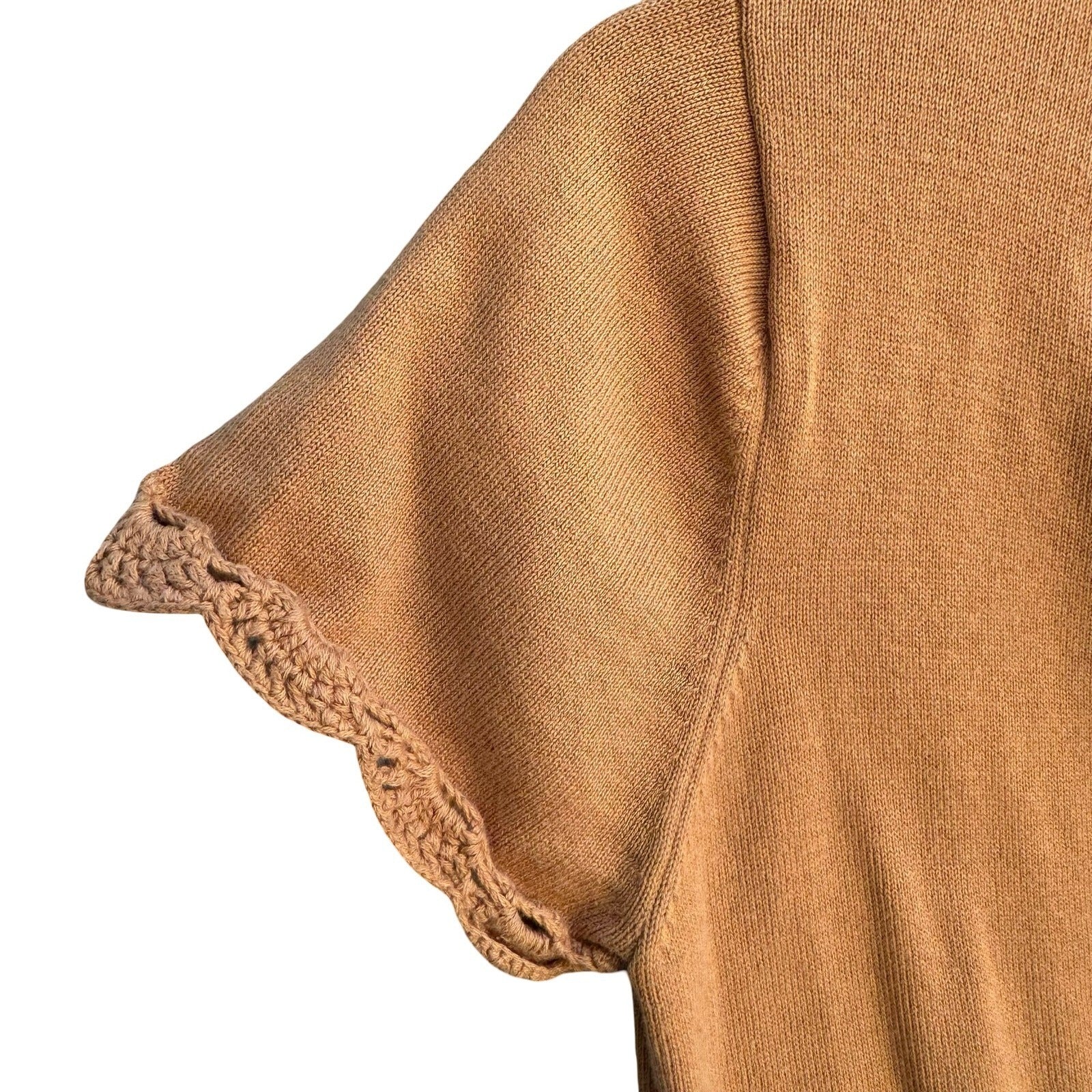 Kim Parrish Tan Cotton Knit Empire Waist Crochet Trim Top Boho Cottagecore Small