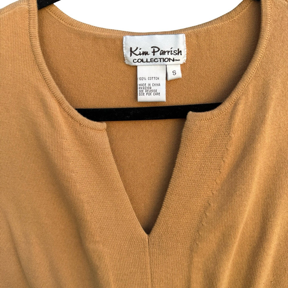 Kim Parrish Tan Cotton Knit Empire Waist Crochet Trim Top Boho Cottagecore Small