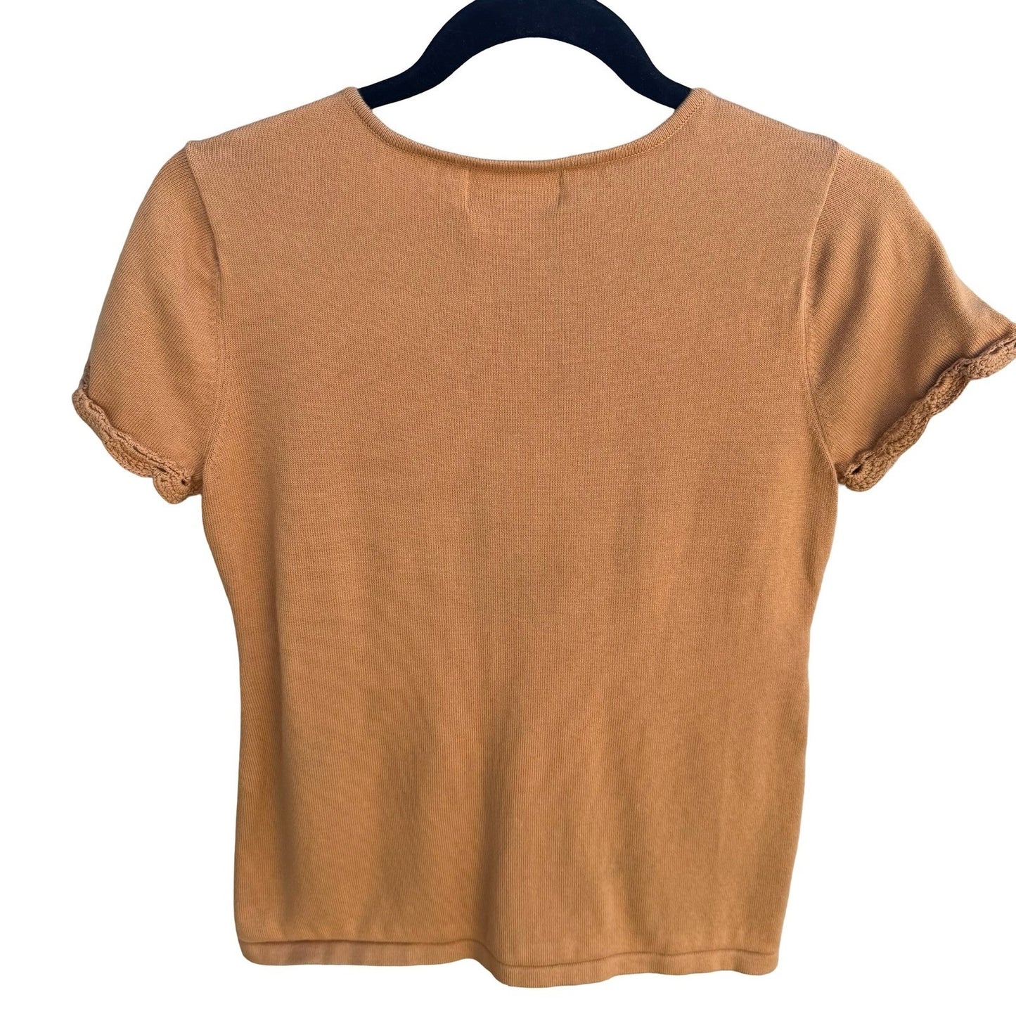 Kim Parrish Tan Cotton Knit Empire Waist Crochet Trim Top Boho Cottagecore Small