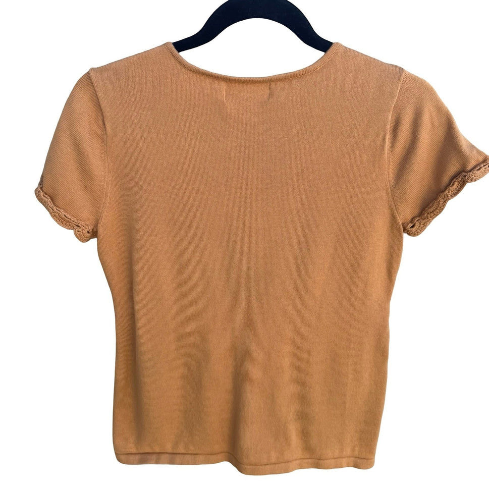 Kim Parrish Tan Cotton Knit Empire Waist Crochet Trim Top Boho Cottagecore Small