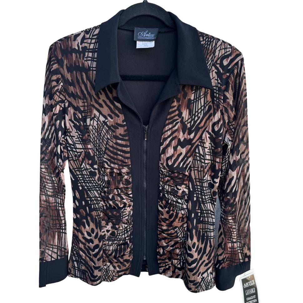 Artex Fashions Womens Zip-Front Semi Sheer Animal Print Ruched Front Jacket New