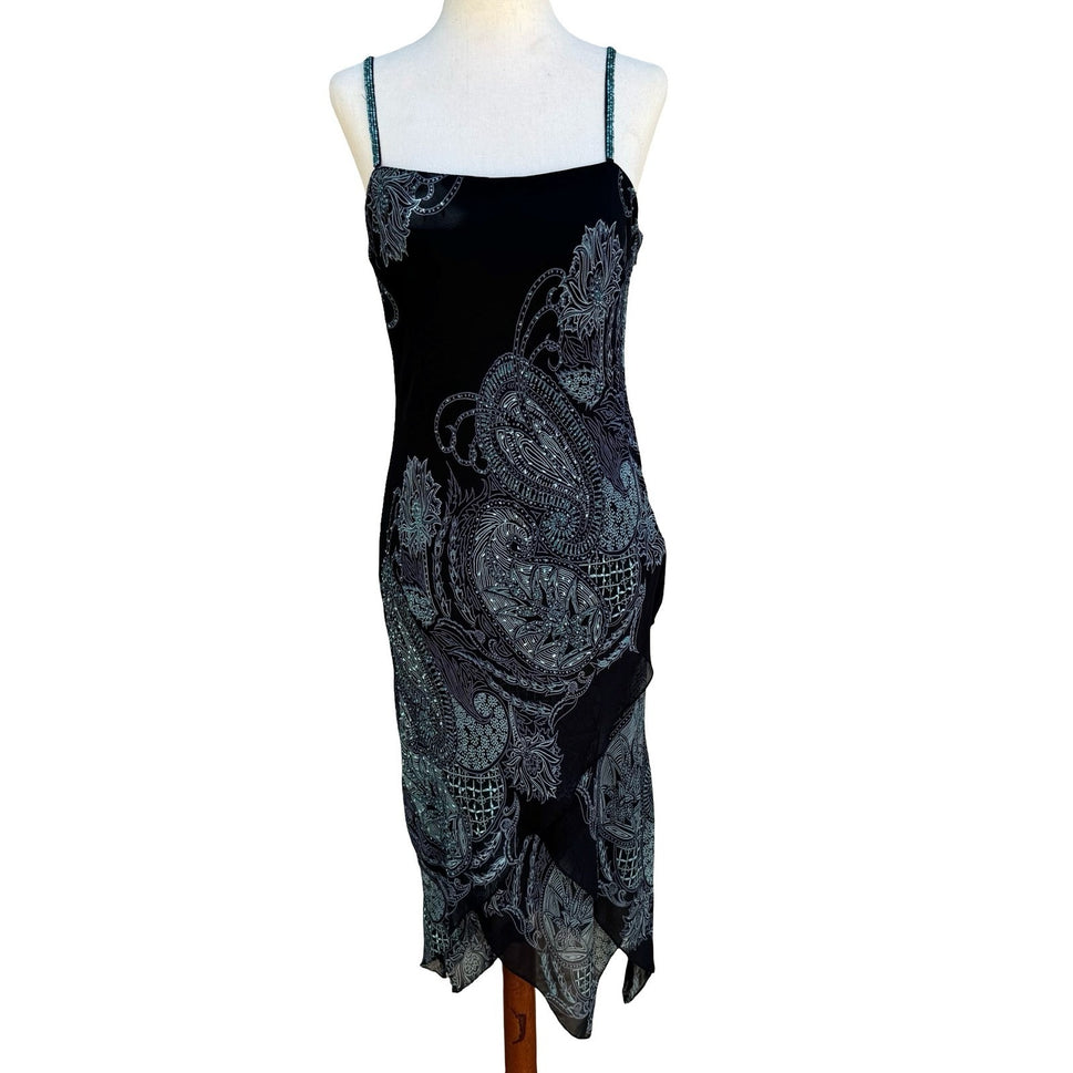 Eva Blue Y2K Paisley Beaded Whimsigoth Handkerchief Hem Slip Dress Black 10P