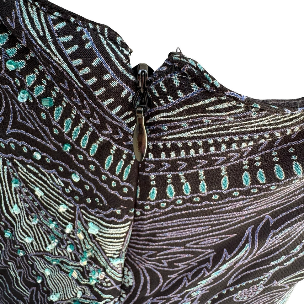 Eva Blue Y2K Paisley Beaded Whimsigoth Handkerchief Hem Slip Dress Black 10P