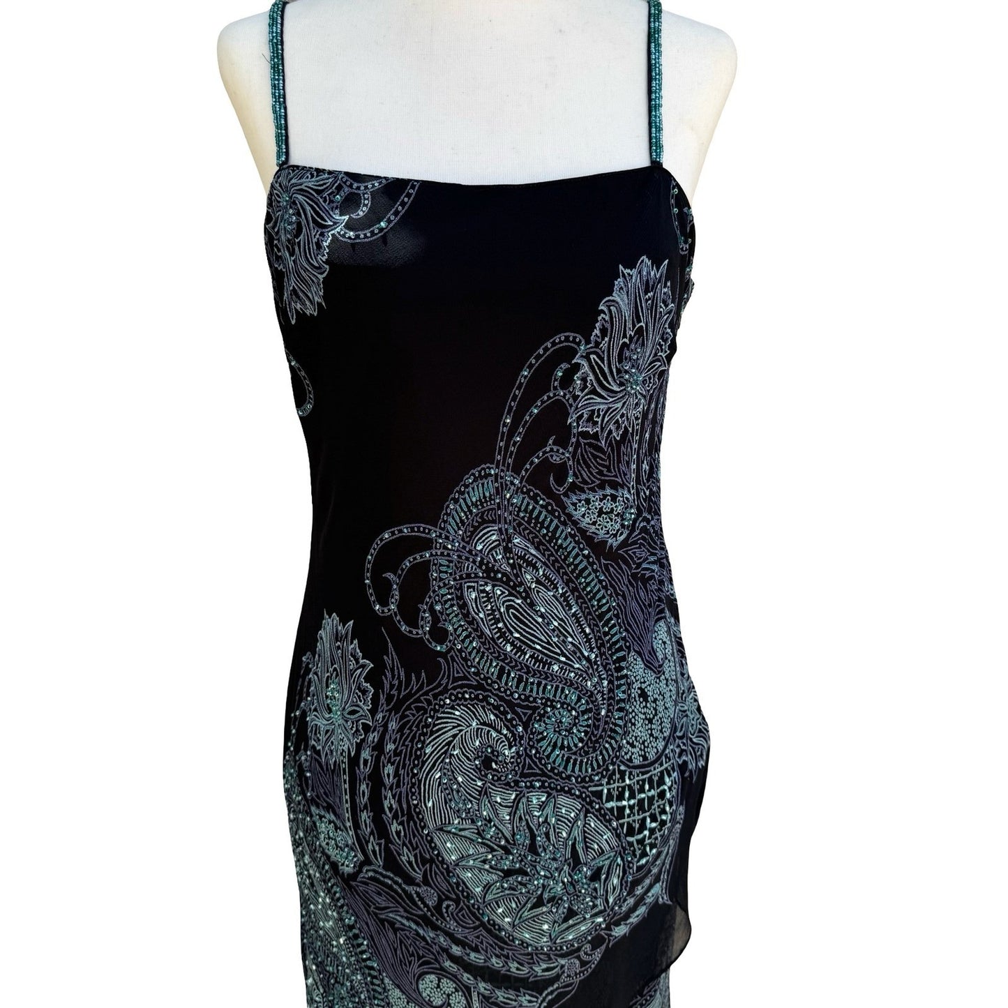 Eva Blue Y2K Paisley Beaded Whimsigoth Handkerchief Hem Slip Dress Black 10P