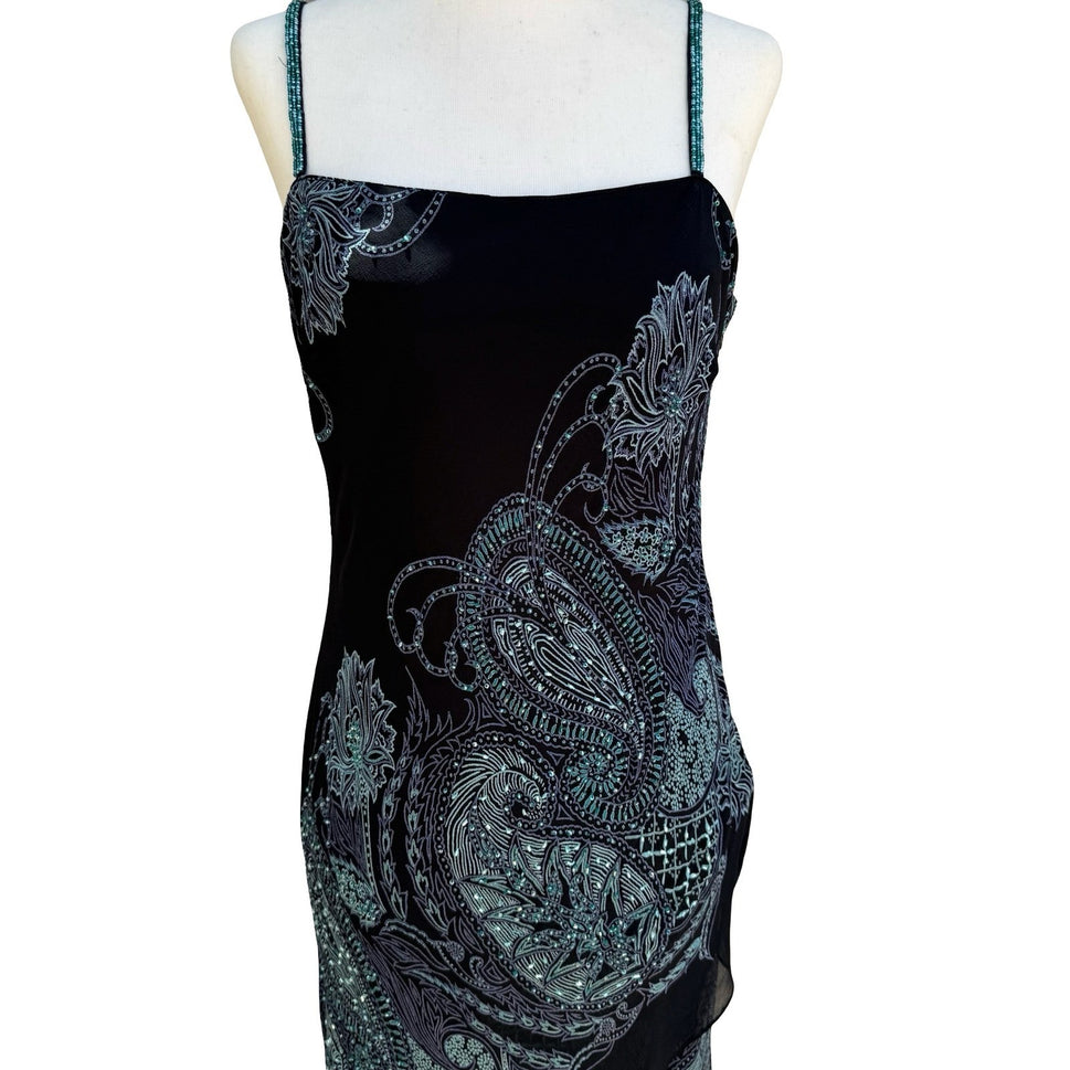 Eva Blue Y2K Paisley Beaded Whimsigoth Handkerchief Hem Slip Dress Black 10P