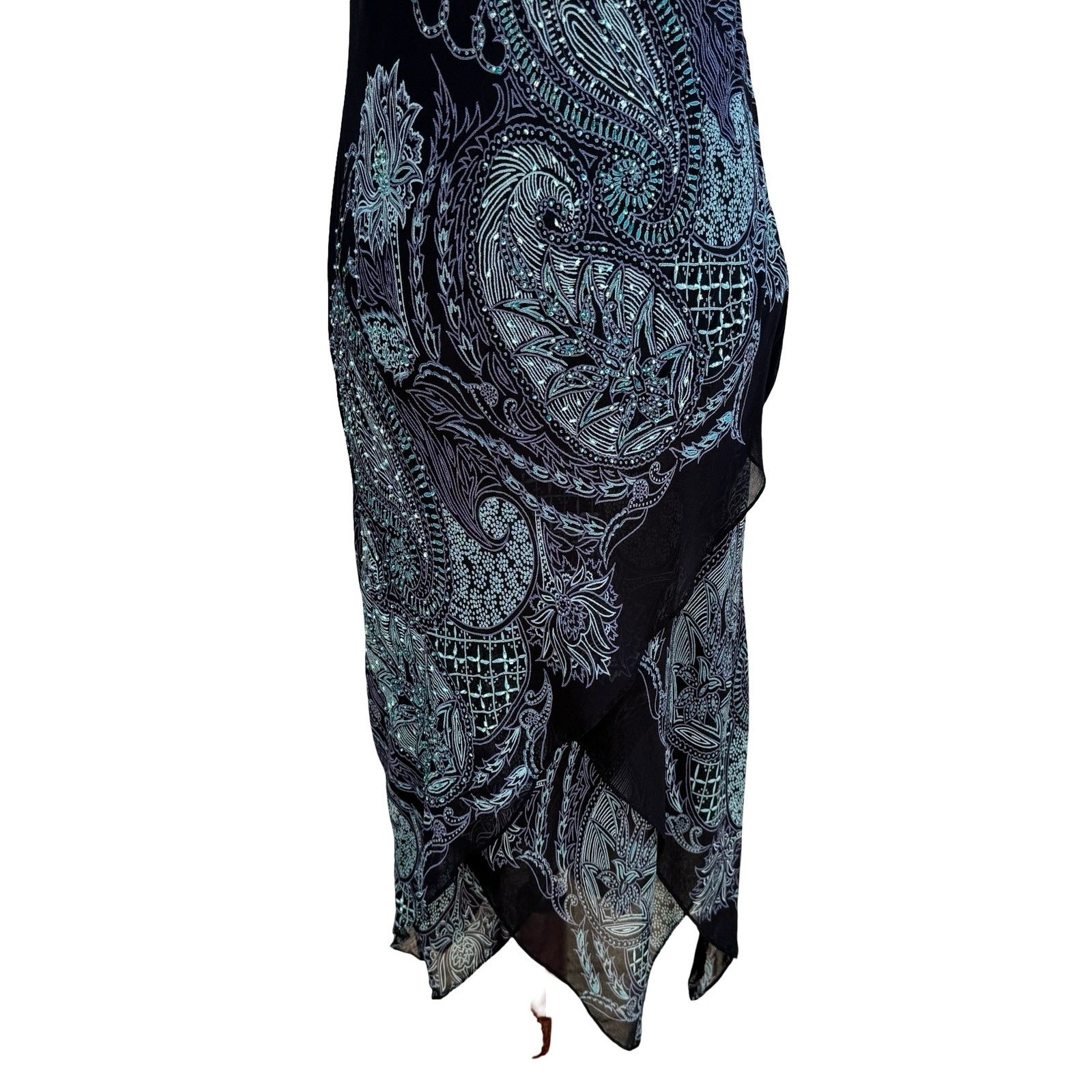 Eva Blue Y2K Paisley Beaded Whimsigoth Handkerchief Hem Slip Dress Black 10P