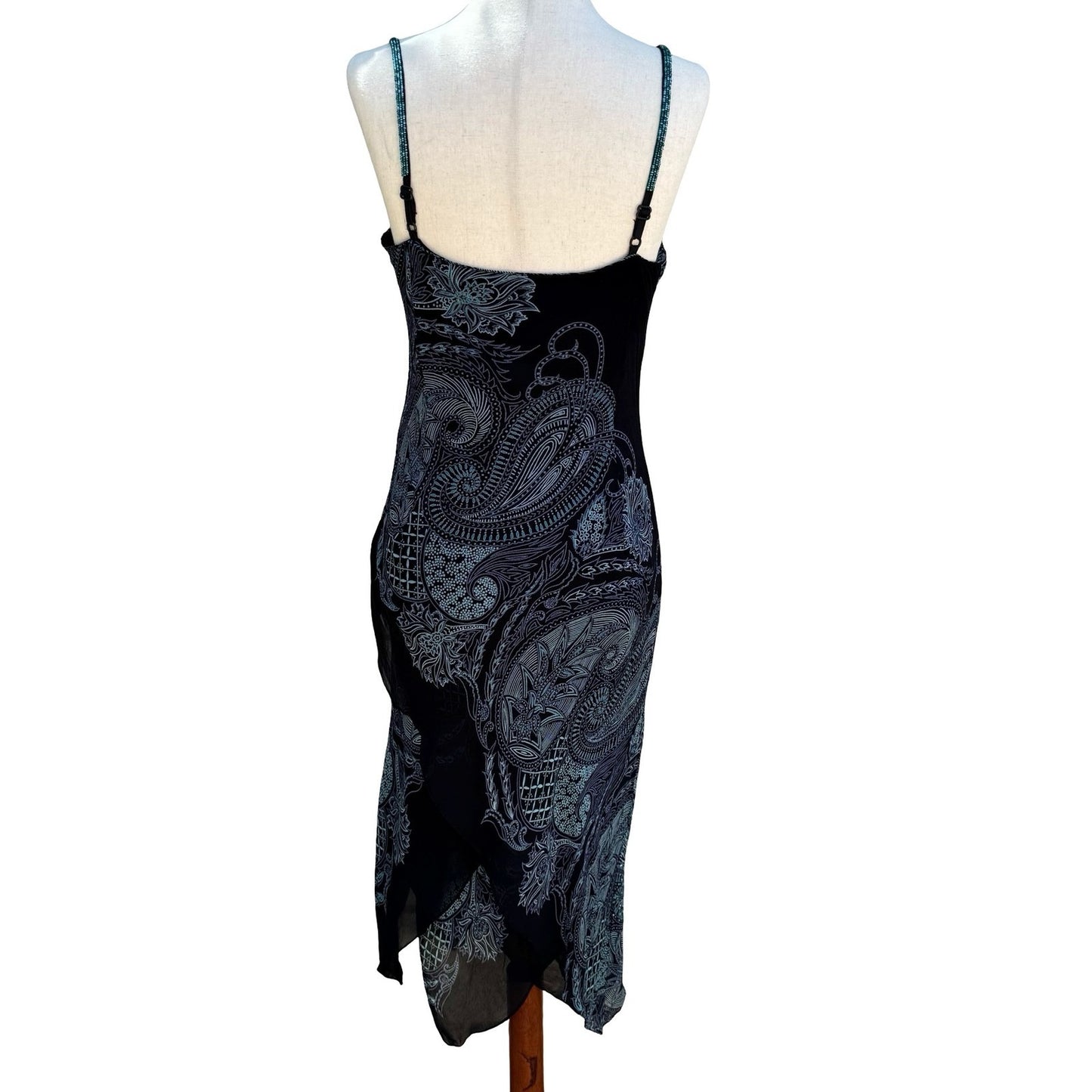 Eva Blue Y2K Paisley Beaded Whimsigoth Handkerchief Hem Slip Dress Black 10P