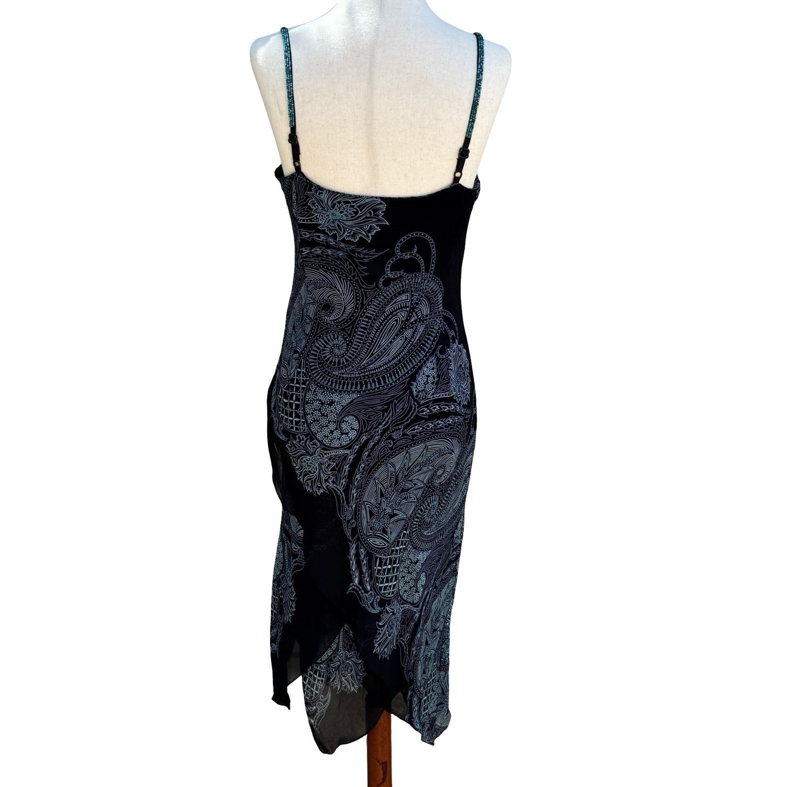 Eva Blue Y2K Paisley Beaded Whimsigoth Handkerchief Hem Slip Dress Black 10P