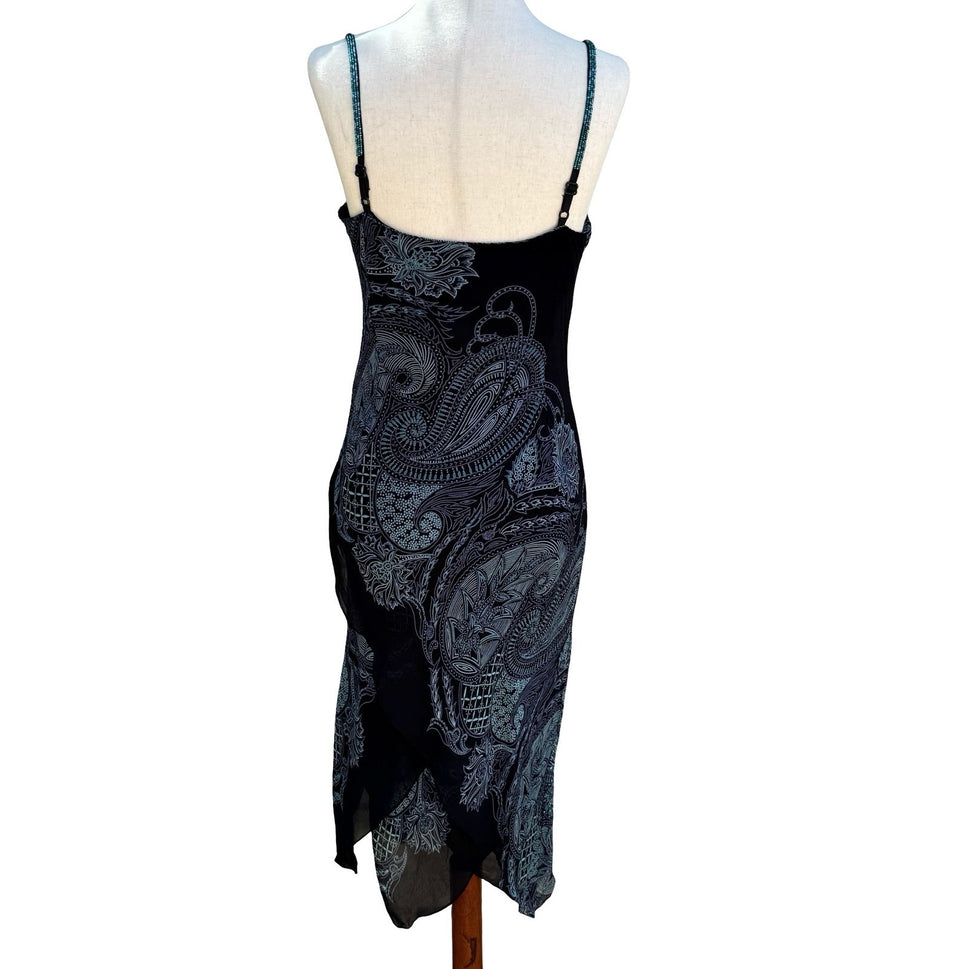 Eva Blue Y2K Paisley Beaded Whimsigoth Handkerchief Hem Slip Dress Black 10P