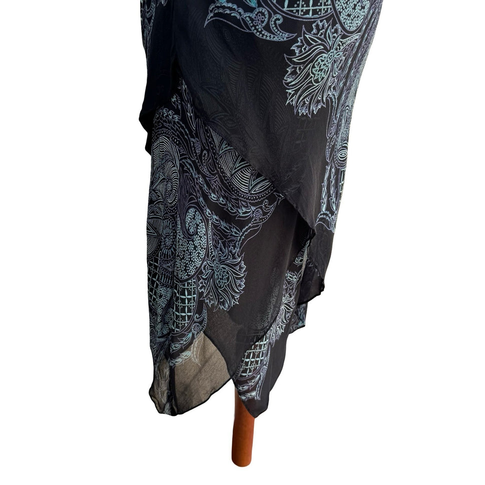 Eva Blue Y2K Paisley Beaded Whimsigoth Handkerchief Hem Slip Dress Black 10P