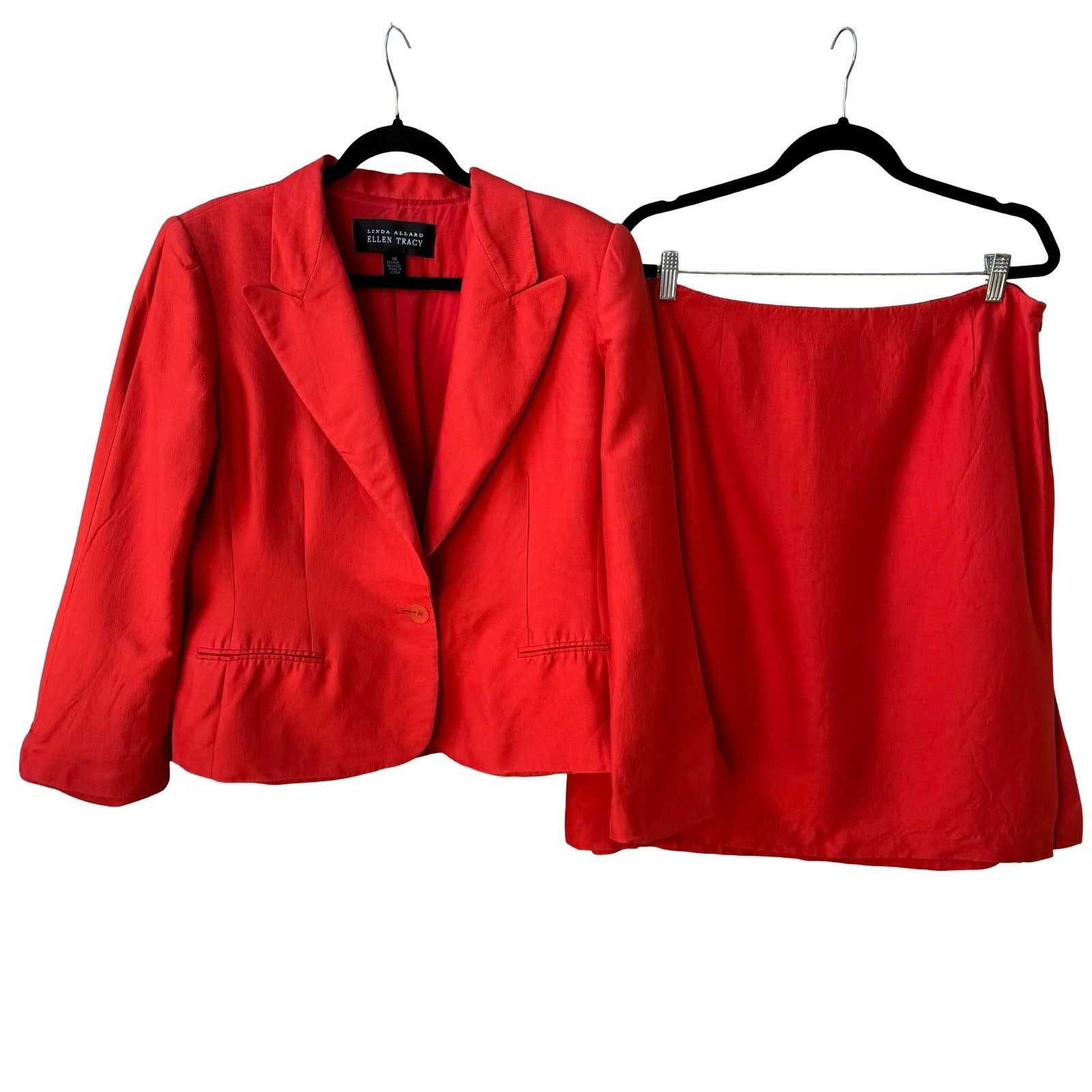 Linda Allard Ellen Tracy Tomato Red Luxury Silk Wool Skirt Power Suit 14/16