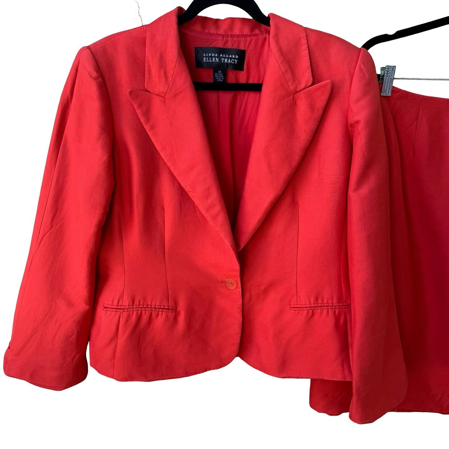 Linda Allard Ellen Tracy Tomato Red Luxury Silk Wool Skirt Power Suit 14/16