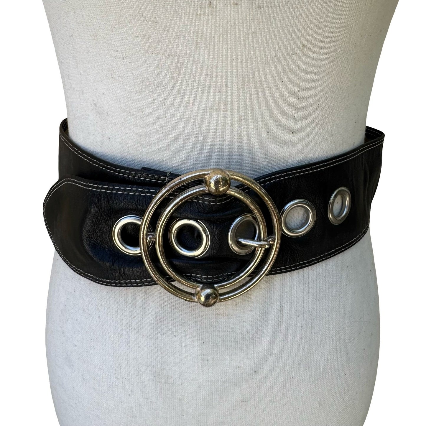 Tracy Reese Y2K Designer Edgy Boho Black Leather Wide Belt Orbital Buckle S