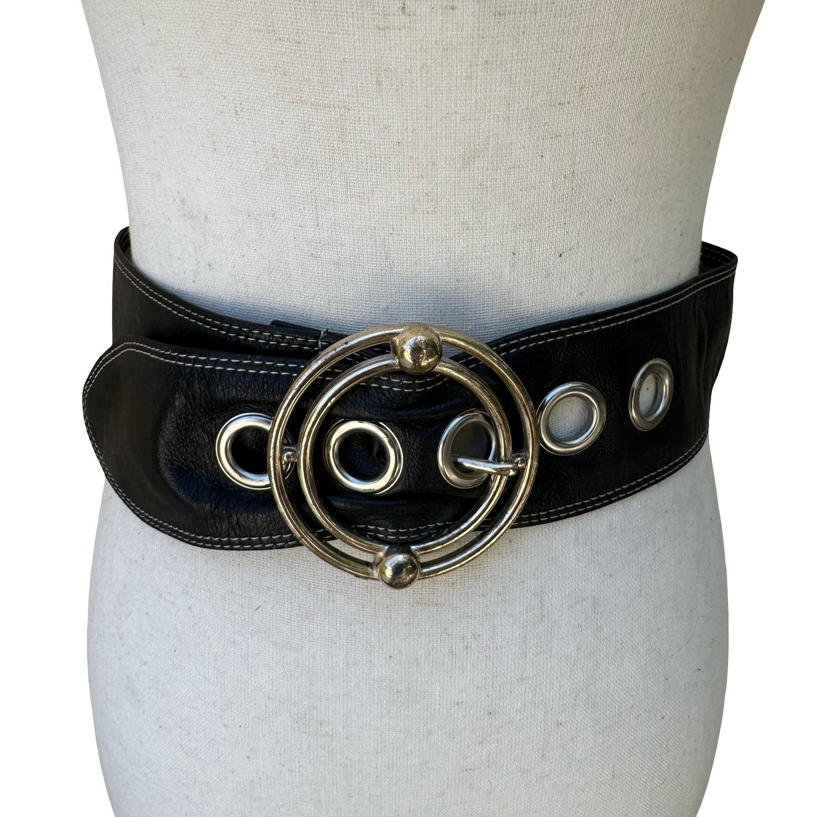 Tracy Reese Y2K Designer Edgy Boho Black Leather Wide Belt Orbital Buckle S