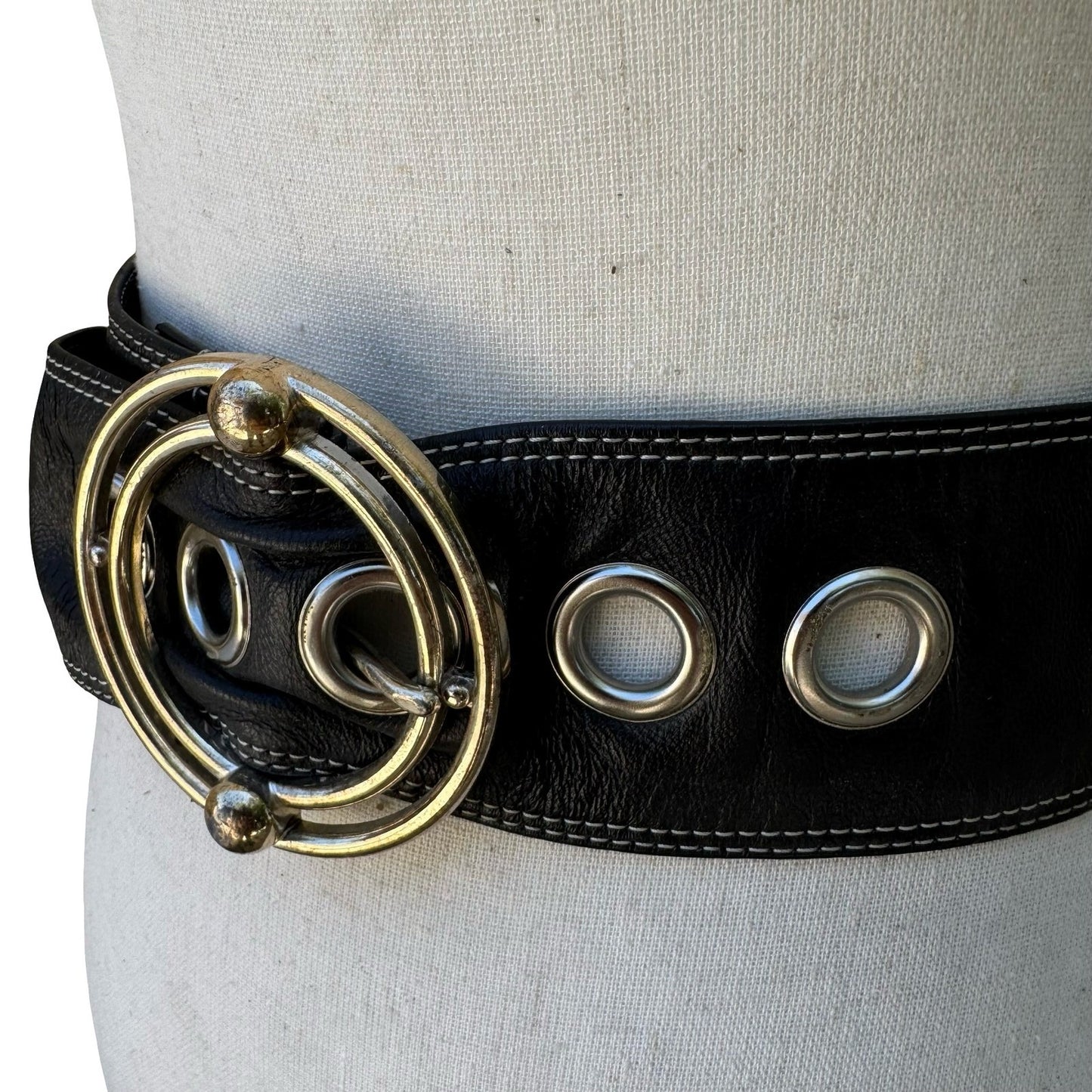 Tracy Reese Y2K Designer Edgy Boho Black Leather Wide Belt Orbital Buckle S